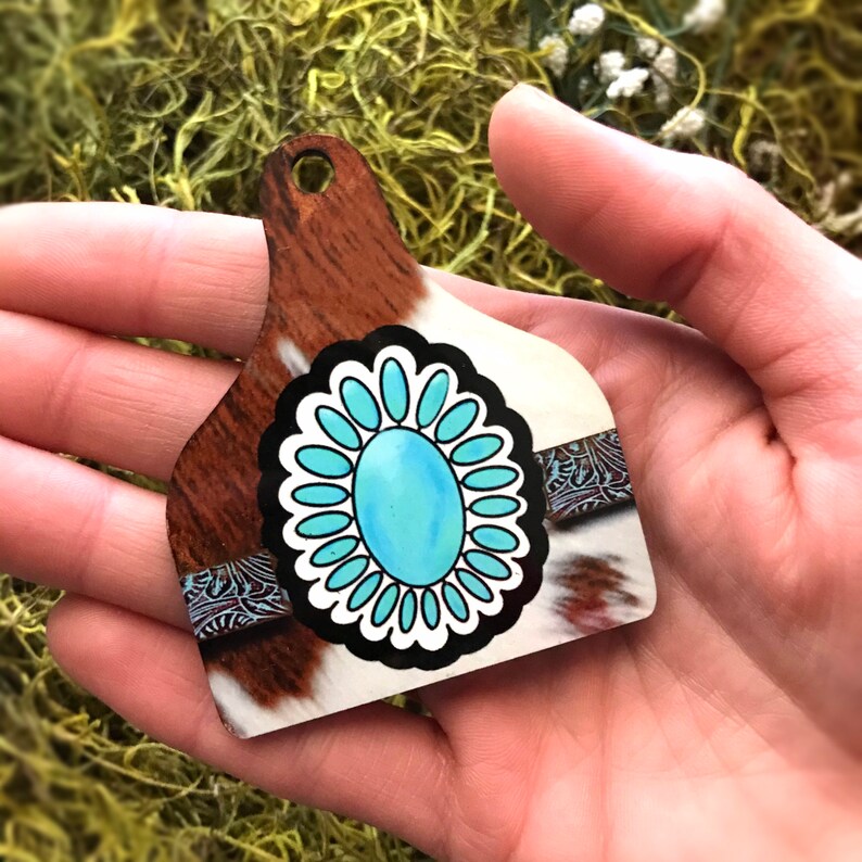 Turquoise Cowhide Leather Printed Cowtag Keychain Etsy