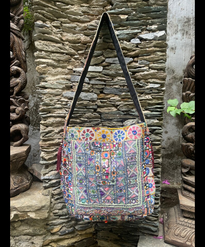Pastel Pink Grey Banjara Handcrafted Embroidery Tote Bag