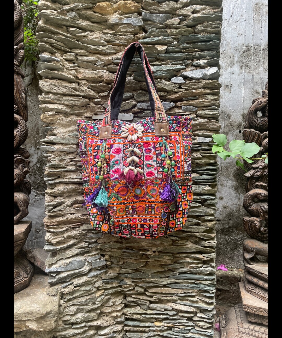 Pastel Pink Grey Banjara Handcrafted Embroidery Tote Bag main image 0