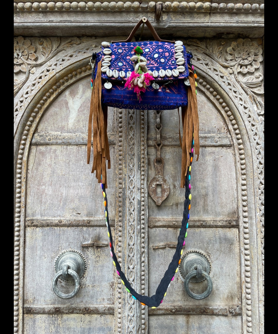 Teal Blue Pixelated Banjara Handcrafted Embroidery Tote Bag