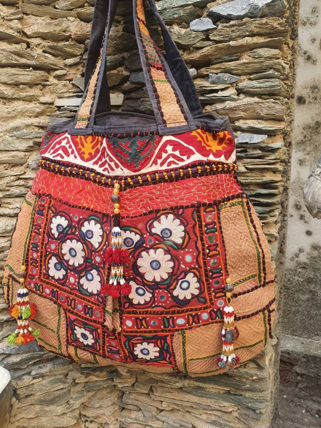 Velvet Peach Blue Banjara Handcrafted Embroidery Tote Bag