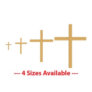 May include: Four different sizes of gold cross embroidery designs. The text "--- 4 Sizes Available ---" is below the crosses.