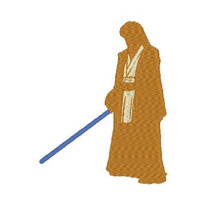 Puede incluir: Una silueta marrón de un caballero Jedi sosteniendo un sable de luz azul. El Jedi lleva una túnica marrón con una faja blanca.