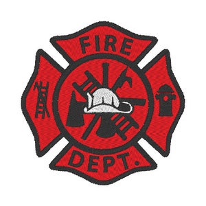 May include: Red and black embroidered fire department patch with the words "FIRE DEPT." and a firefighter's helmet in the center.
