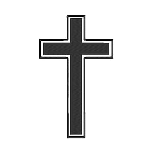 May include: A black cross with a white outline. The cross is a religious symbol.