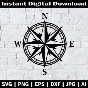 Könnte beinhalten: Ein schwarz-weißes Kompassrosen-Design mit den Himmelsrichtungen N, E, S und W. Das Bild enthält oben den Text "Sofortiger digitaler Download" und unten Dateitypoptionen.
