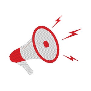 Peut inclure: Un mégaphone rouge et blanc avec trois éclairs rouges qui sortent du haut. Le mégaphone est incliné vers la droite.