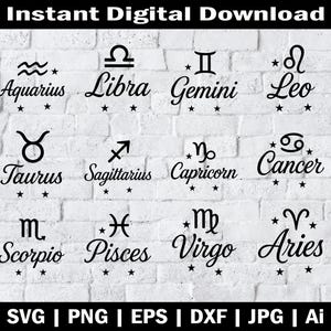 Sternzeichen-Svg-Bundle Horoskop Zeichen SVG-Dateien für Cricut Astrologie Symbole Zwillinge Widder Jungfrau Waage Designs