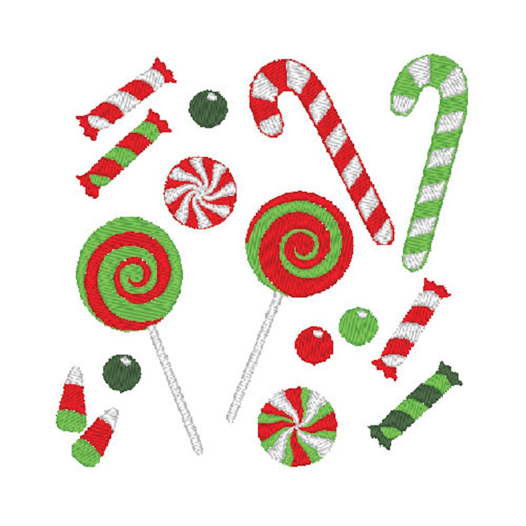 Christmas Candy Embroidery Design With Candy Cane, Lollipop, Peppermint