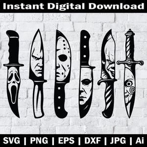 Könnte beinhalten: Schwarz-weiß-Illustration von sieben verschiedenen Messern mit verschiedenen Designs. Die Messer sind vertikal in einer Reihe angeordnet. Die Messer sind alle scharf und haben unterschiedliche Klingenformen und Griffe.