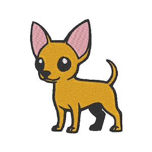May include: A cartoon illustration of a brown chihuahua with pink ears. The chihuahua is standing on all four legs with its tail curled up.