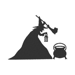 Puede incluir: Silueta negra de una bruja volando en una escoba con una linterna en una mano y un caldero en la otra.