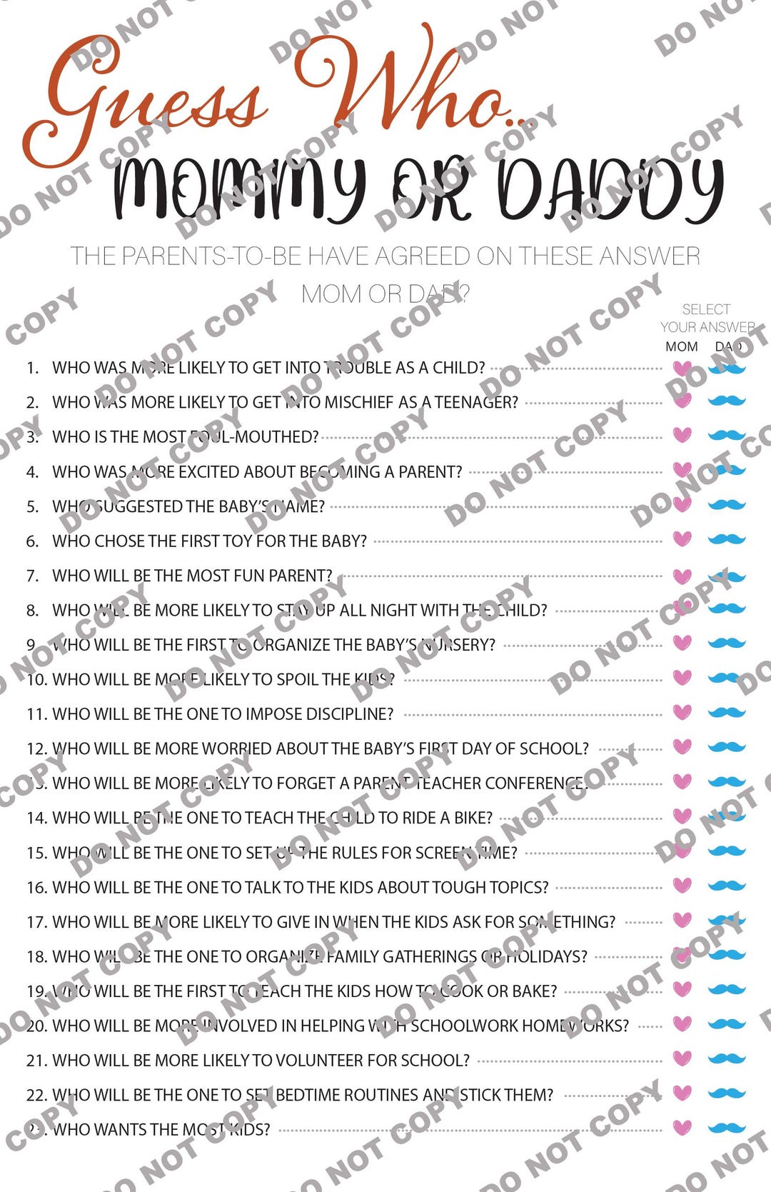 Printable Baby Game - Mom or Dad Game, Guess Who Baby Shower Game, Fun