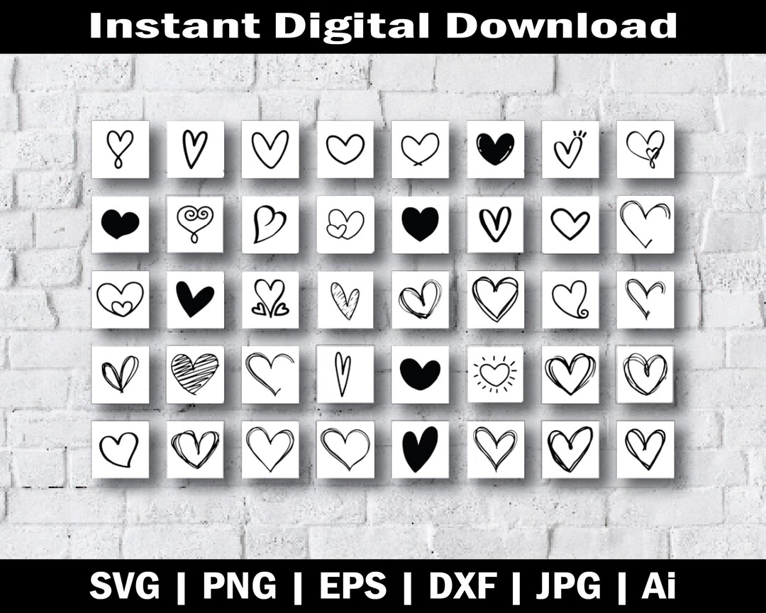 Heart Svg Bundle, 40 Hand Drawn and Doodle Heart SVG Files for Cricut ...