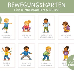May include: A set of 24 movement cards for children featuring illustrations of kids performing various physical activities like balancing, hopping, dancing, and stretching, with German text labels below each character describing the action.