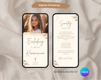 May include: A digital invitation for a Communion celebration. The invitation features a photo of a young girl, a cross, and the text "Einladung zu meiner Kommunion" (Invitation to my Communion). The date of the event is listed as "Sonntag, 26.06.2025".