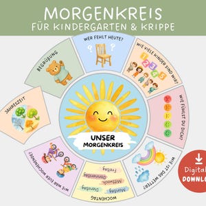 Könnte beinhalten: Eine farbenfrohe Lerntafel mit dem Text "MORGENKREIS" und "Digitaler DOWNLOAD". Die Tafel zeigt Illustrationen von Sonne, Kindern, Wetter, Jahreszeiten und einem Teddybären. Sie ist für Kindergarten und Krippe konzipiert.