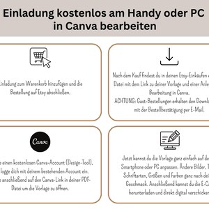 Może przedstawiać: Obraz z tekstem w języku niemieckim, pokazujący instrukcje edycji zaproszenia w Canva. Kroki obejmują dodanie do koszyka, pobranie pliku PDF, utworzenie konta Canva i dostosowanie projektu na smartfonie lub komputerze.