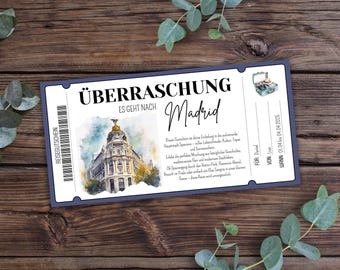 Printable travel voucher for Madrid, voucher for a short break, gift voucher for a holiday in Tuscany, voucher for a city break, trip to Italy