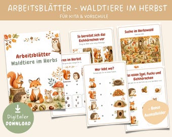 Printable worksheets about forest animals in autumn, autumn coloring pages, kindergarten materials