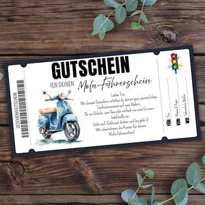 Bromfietsrijbewijsbon om af te drukken, rijbewijs, cadeaubon voor bromfietsrijlessen, bon sjabloon voor rijschool, bromfietsrijlessen
