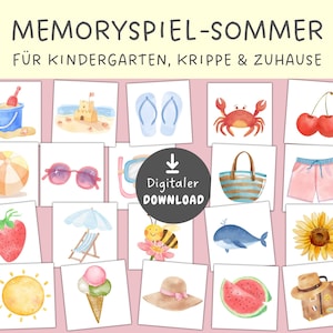 Könnte beinhalten: Eine Sammlung von Aquarellillustrationen auf weißen Quadraten mit sommerlichen Motiven wie einer Sandburg, einem Strandball, einer Sonnenbrille und einer Wassermelone. Der Text "MEMORYSPIEL-SOMMER" steht oben, mit "Digitaler DOWNLOAD" in einem Kreis.