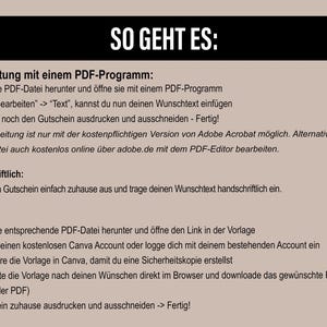 Op de afbeelding: Een beige afbeelding met zwarte tekst, inclusief de zin "SO GEHT ES:" bovenaan. De tekst geeft instructies over het bewerken van een PDF-bestand met een PDF-programma, handschrift en Canva.