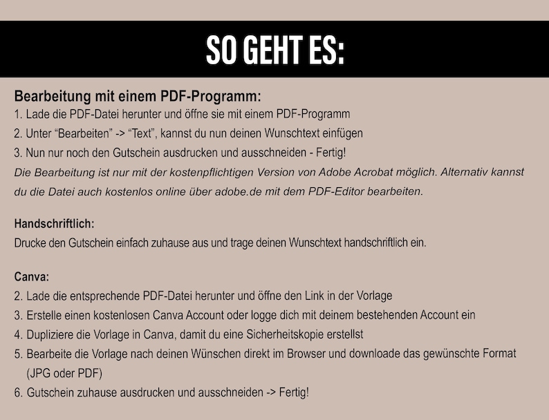 Op de afbeelding: Een beige afbeelding met zwarte tekst, inclusief de zin "SO GEHT ES:" bovenaan. De tekst geeft instructies over het bewerken van een PDF-bestand met een PDF-programma, handschrift en Canva.