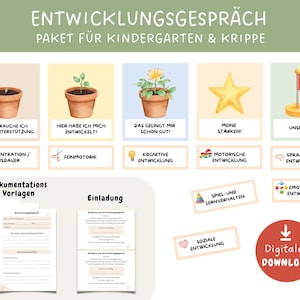 Könnte beinhalten: Ein digitaler Download mit Bildungsressourcen für Kindergarten und Krippe. Das Bild zeigt Illustrationen von Topfpflanzen, einem Stern und einer Flagge, mit deutschem Text. Die Ressourcen decken verschiedene Entwicklungsbereiche ab.