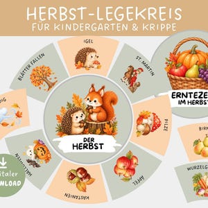Könnte beinhalten: Ein kreisförmiger Lernkreis mit dem Titel HERBST-LEGEKREIS FÜR KINDERGARTEN & KRIPPE mit herbstlichen Motiven. In der Mitte sind ein Eichhörnchen und ein Igel mit dem Text DER HERBST abgebildet. Die Segmente zeigen Wind, fallende Blätter, Igel, St. Martin, Pilze, Äpfel, Kastanien, Halloween, einen Erntekorb, Birnen und Wurzelgemüse.