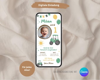 Digital invitation to a children's birthday party with a tractor theme, eCard birthday invitation for children, birthday invitation with photo, invitation card for WhatsApp