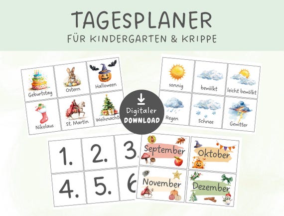 Tagesplaner Kindergarten, Morgenkreis Karten Kiga, Tagesablauf Plan Wochenplan für Kindergarten, Wochenplaner Krippe, Montessori Karten