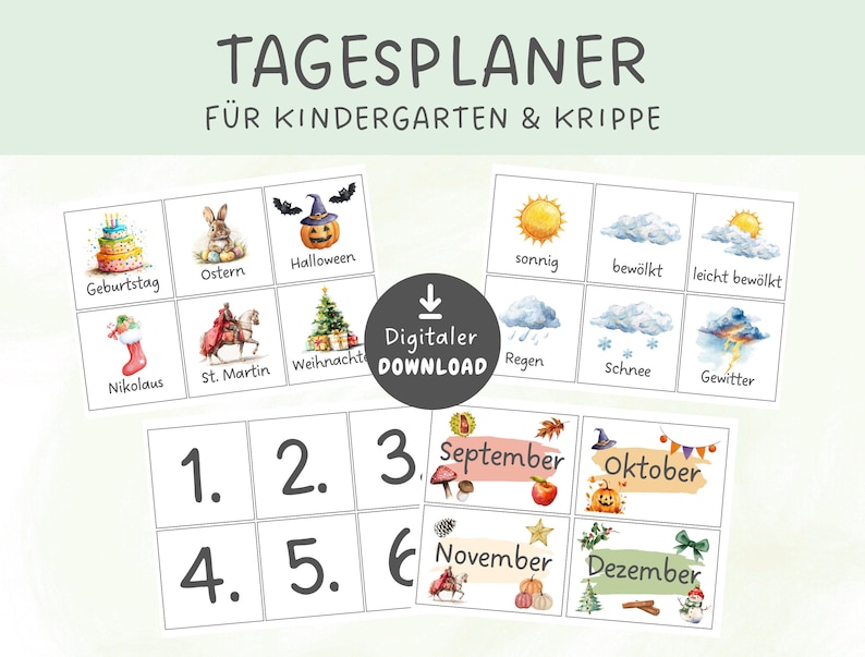 May include: A set of watercolor-style cards with German text, including the word "Tagesplaner". The cards feature illustrations of holidays, weather, and numbers. A digital download button is also present.