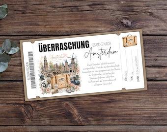 Printable Amsterdam gift voucher, short break gift voucher, city break gift voucher for the Netherlands, travel voucher for Holland