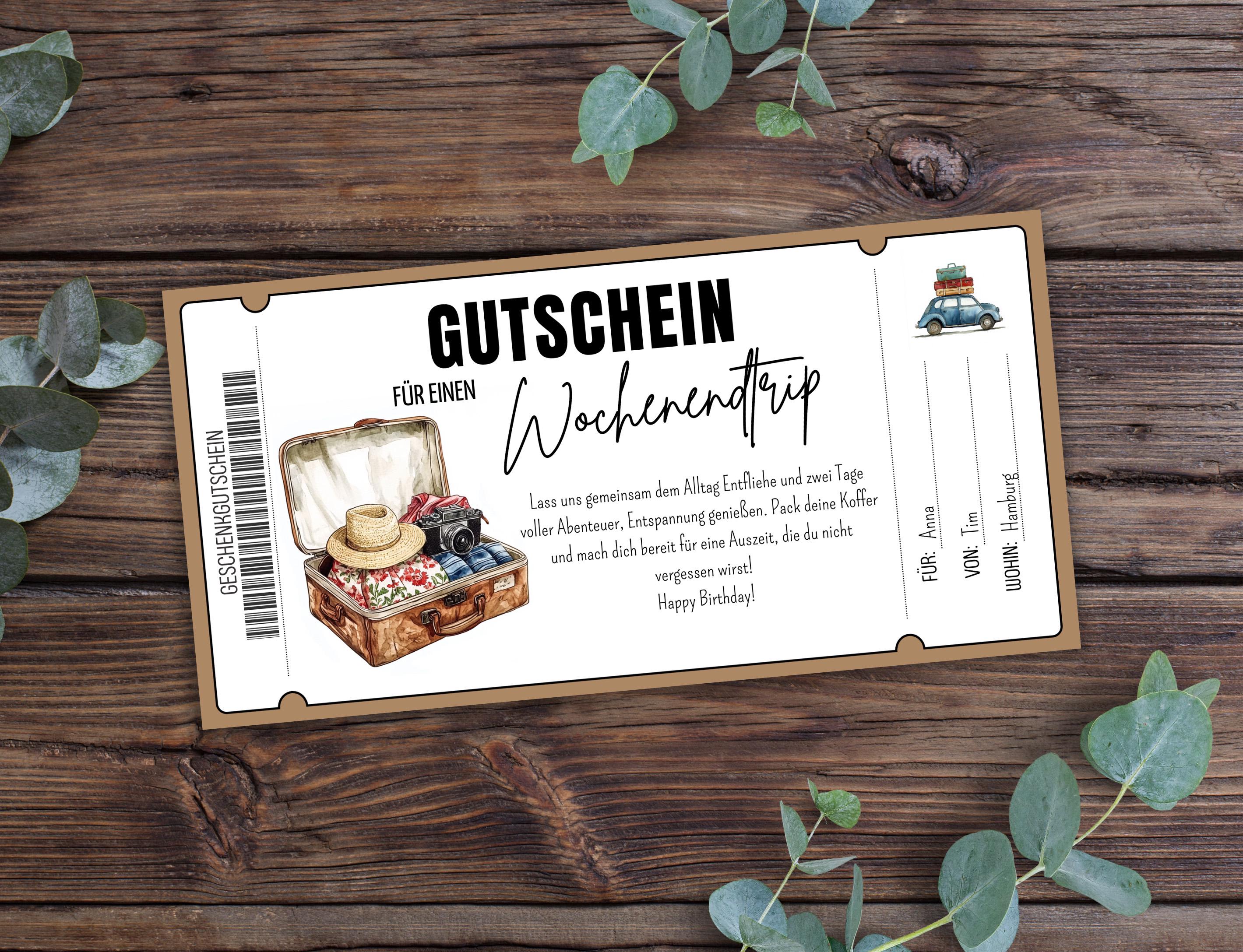 Reisegutschein Wochenendtrip zum Ausdrucken, Geschenkgutschein Kurzurlaub, Gutschein Reise, Gutschein Urlaub, Städtereise, Kurzurlaub