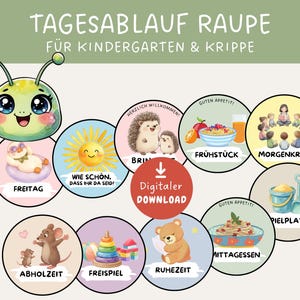 Könnte beinhalten: Ein farbenfroher digitaler Download mit einer Raupe und verschiedenen kreisförmigen Illustrationen für einen Kindergarten- oder Tagesablauf. Die Kreise zeigen Aktivitäten wie Frühstück, Spielzeit und Ruhezeit, mit deutschem Text.