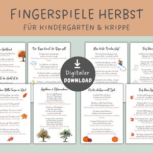 Pode incluir: Um conjunto de oito downloads digitais imprimíveis com texto em alemão e ilustrações com tema de outono. As imagens incluem árvores, folhas, abóboras e maçãs. O título diz "Fingerspiele Herbst für Kindergarten & Krippe".