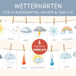 May include: A set of weather cards with watercolor illustrations of weather conditions, including a sun, wind, clouds, rain, and a rainbow. The cards are strung on a clothesline with the German words for each weather condition. The text "Digital Download" is also visible.