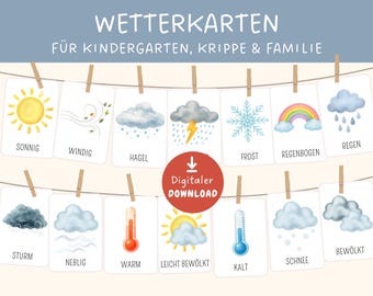 Weather learning cards for daycare and preschool - PDF template, weather maps for preschool and kindergarten, morning circle weather, materials for daycare