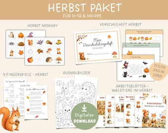 Autumn activity pack for kindergarten (printable), preschool worksheets featuring autumn animals, learning materials for children, coloring pages