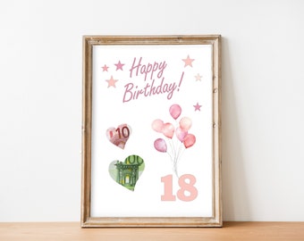 Money gift for an 18th birthday - Last minute gift idea, Happy Birthday, available immediately, DIY money gift craft, Digital download