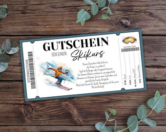 Printable ski course voucher, ski gift voucher, ski holiday, winter holiday, ski course experience voucher, adventure voucher