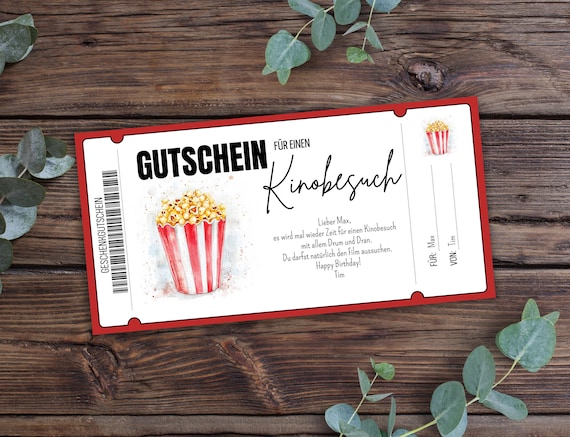 Gutschein Kino, Ticket Kino, Geschenkgutschein Vorlage, Personalisierter Gutschein zum ausdrucken, Kinogutschein, Kino Einladung