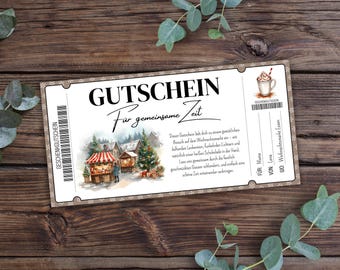 May include: A gift certificate with the word "GUTSCHEIN" at the top, and "Für gemeinsame Zeit" below it. The certificate features a watercolor illustration of a Christmas market and a cup of hot chocolate. Text includes "Mama" and "Lena".