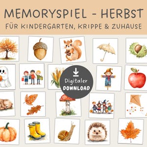 Puede incluir: Colección de ilustraciones en acuarela con imágenes temáticas de otoño. Las imágenes incluyen un árbol, una bellota, una ardilla, un paraguas, una castaña, un fantasma con una calabaza, niños pidiendo dulces, maíz, un espantapájaros, una manzana, un perro durmiendo, hojas, una seta, niños disfrazados, una cometa, una calabaza, botas, un caracol, un erizo y una hoja. El texto dice "MEMORYSPIEL - HERBST" y "Digitaler DOWNLOAD".