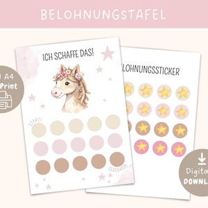 Può includere: Due tabelle di ricompensa stampabili con un'illustrazione ad acquerello di un cavallo con una corona di fiori. Il testo "ICH SCHAFFE DAS!" è sopra il cavallo. Le tabelle includono adesivi a forma di stella e un'icona "Download digitale".