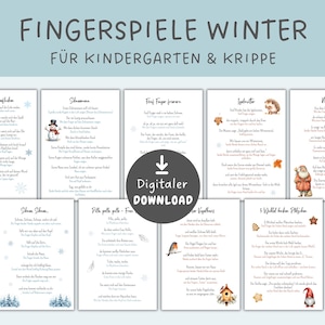Könnte beinhalten: Eine Sammlung von druckbaren Winter-Finger-Spiel-Blättern für Kindergarten und Krippe. Jedes Blatt enthält ein Gedicht mit Illustrationen von Schneeflocken, Schneemännern und anderen Winterelementen. Der Text "FINGERSPIELE WINTER" steht oben.