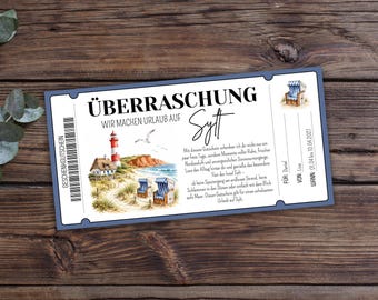 Printable travel voucher for Sylt, voucher for a day at the beach, gift idea for a short break in Sylt, travel voucher for the North Sea, birthday present