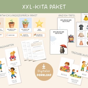 Op de afbeelding: Een digitale downloadset genaamd XXL-KITA PAKET met educatieve materialen, waaronder ontwikkelingskaarten met plantillustraties, aankleedkaarten met kledingiconen, bewegingskaarten met kinderen en dagritmekaarten.