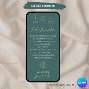 以下が含まれることがあります： スマートフォンには、デジタルクリスマス招待状が表示されています。背景はティール色で、金色の装飾が施されています。「Frohe Weihnachten」というテキストと、お祝いのメッセージが含まれています。Canvaのロゴが見えます。